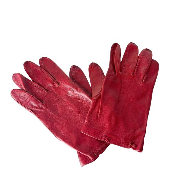 Vintage 80s Red Leather Driving Gloves Small Buttery Soft Lightweight Crimson - Picture 1 of 16